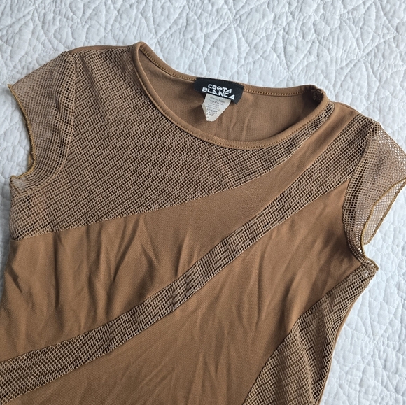 Vintage Costa Blanca Honey Brown Mustard Mesh Fishnet Panel Cap Sleeve Top - Picture 3 of 11